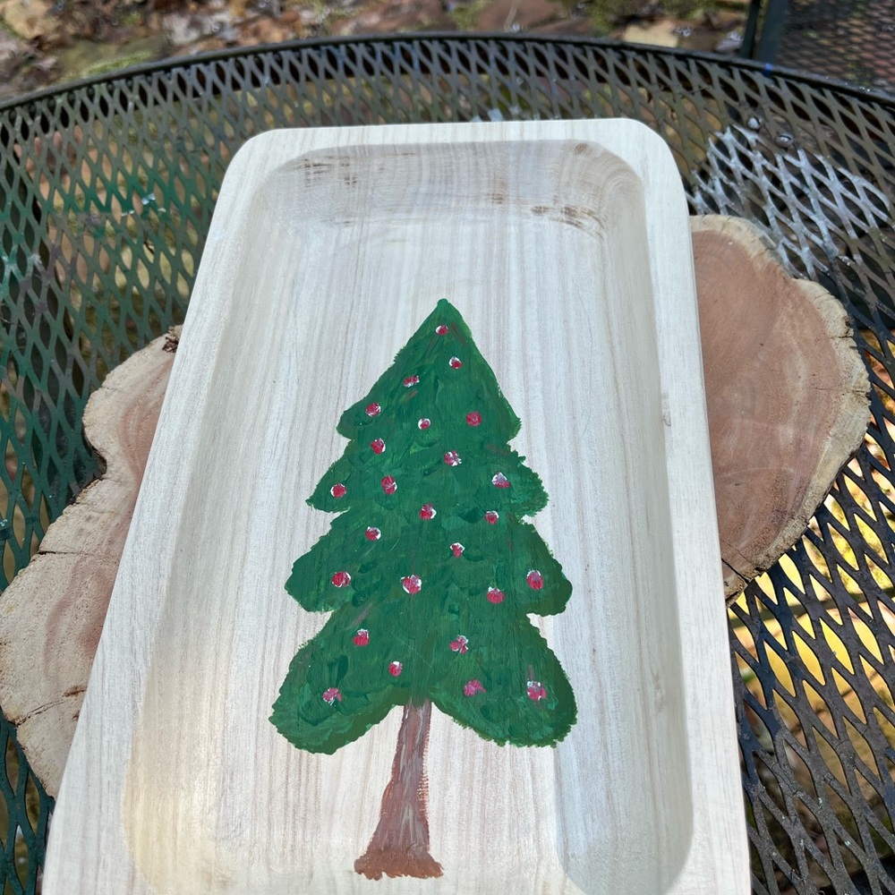 Hand Painted Wooden Dough Bowl Holiday Tree Decorative Tray
